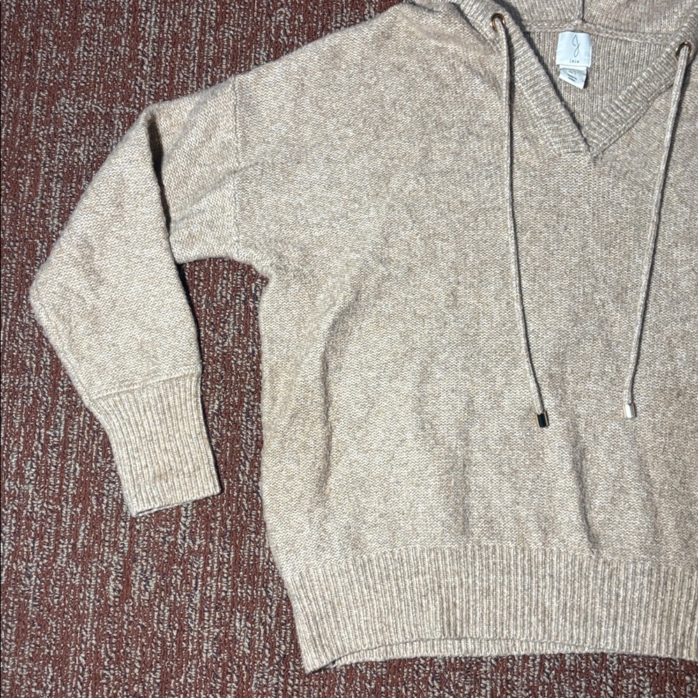 Joie V-Neck Beige cropped hooded knit Sweater oatmeal light brown cozy sweater S - Picture 4 of 12